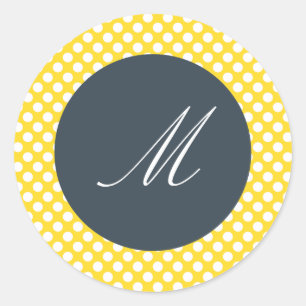 Monogrammed White, Yellow and Charcoal Polka Dot Ronde Sticker
