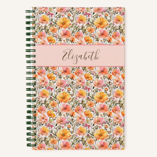 Monogrammed Wildflowers Roze Geel Sinaasappel Rece Notitieboek (Voorkant)