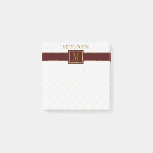 Monogrammed Wit Damast Bruin Streep Post-it® Notes (Voorkant)