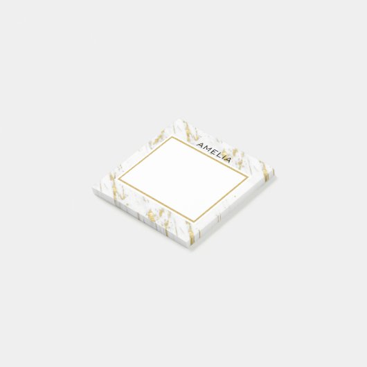 Monogrammed Wit Marmeren Steen Gouden Glitter Post-it® Notes (Schuin)