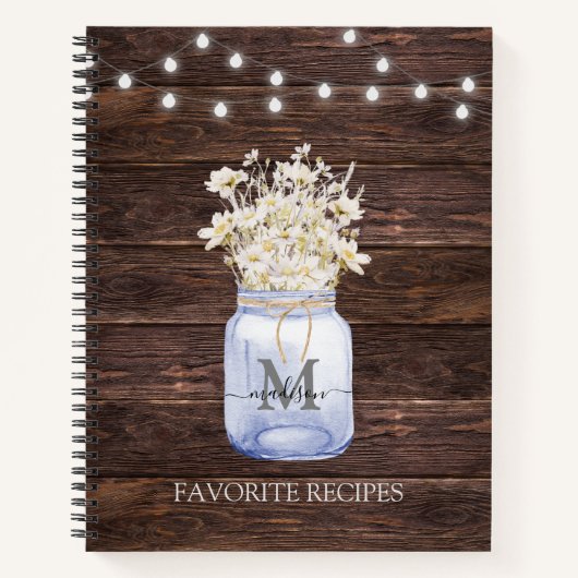 Monogrammed Witte Daisy Bloem Bruin Houten Recept Notitieboek (Voorkant)