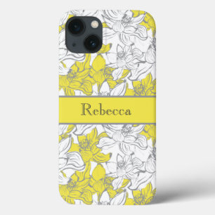 Monogrammed Yellow and Grey Floral iPhone 13 Hoesje