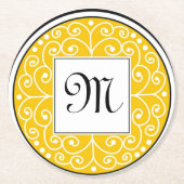 Monogrammed Yellow Black White Swirls Pattern Ronde Kartonnen Onderzetter (Voorkant)