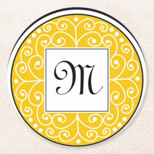 Monogrammed Yellow Black White Swirls Pattern Ronde Kartonnen Onderzetter