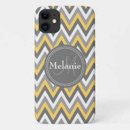 Monogrammed Yellow & Gray Chevron Pattern iPhone 11 Hoesje