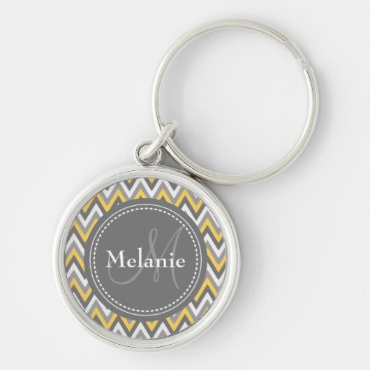 Monogrammed Yellow & Gray Chevron Pattern Sleutelhanger (Voorkant)