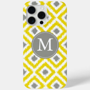 Monogrammed Yellow Grey Diamond Ikat Pattern iPhone 15 Pro Max Hoesje