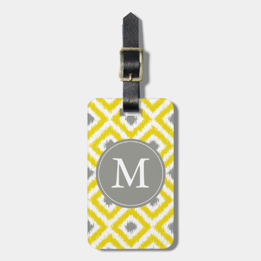 Monogrammed Yellow Grey Diamonds Ikat Pattern Bagagelabel (Voorkant verticaal)