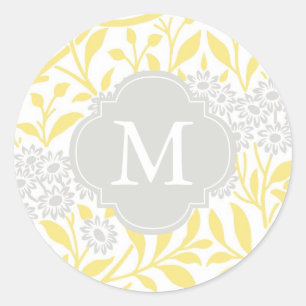 Monogrammed Yellow Grey Floral Damask Pattern Ronde Sticker