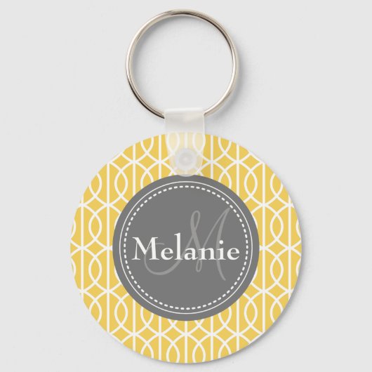 Monogrammed Yellow Grey Moroccan Ogee Pattern Sleutelhanger (Voorkant)