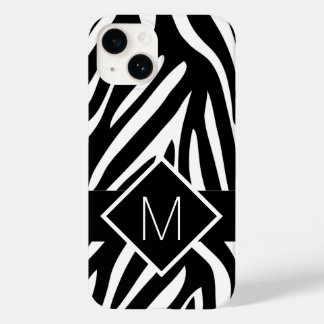 Monogrammed Zebra Print Black and White Lines Case-Mate iPhone 14 Hoesje