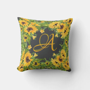 Monogrammed Zonnebloemen Geel Rustisch Decor Kussen