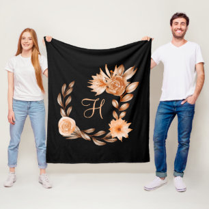 Monogrammed Zwart en Perzik Bloemen Fleece Deken
