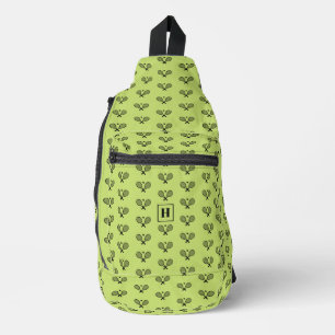 Monogrammed zwart tennisracketpatroon sling bag