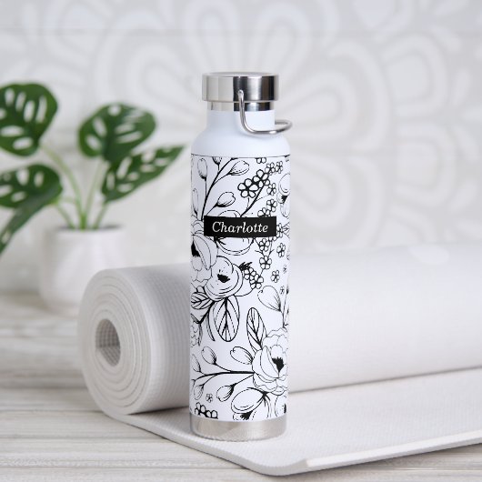 Monogrammed Zwart-wit Bloemen Vacuüm Isolaat Waterfles (Yoga)
