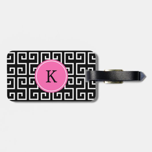 Monogrammed Zwart, Wit, Roze Geometrisch Patroon Bagagelabel (Achterkant horizontaal)