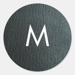 Monogrammed Zwarte-ledertextuur Faux Ronde Sticker