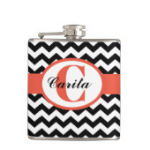 Monogrammed Zwarte/Witte Chevron Vinylfles Heupfles (Voorkant)