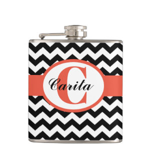 Monogrammed Zwarte/Witte Chevron Vinylfles Heupfles