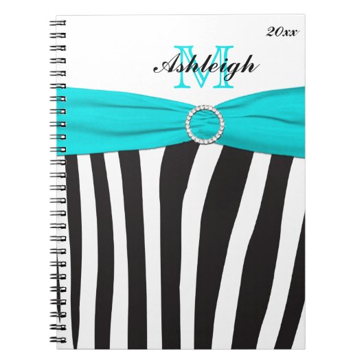 Monogrammen Black Aqua White Zebra Stripe Notitieb Notitieboek (Voorkant)