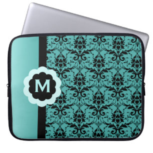 Monogrammen blauw zwarte Damaslaptophoes Laptop Sleeve