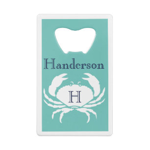 Monogrammen Blauwgroen marine Blue White Crab Naut Kredietkaart Flessenopener