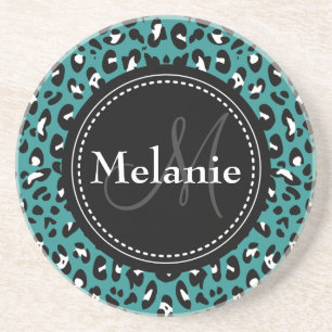 Monogrammen Blauwgroen Zwart Witte Patroon Zandsteen Onderzetter