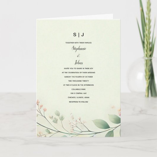 Monogrammen Bloembladeren Beige Sage Green Wedding (Voorkant)
