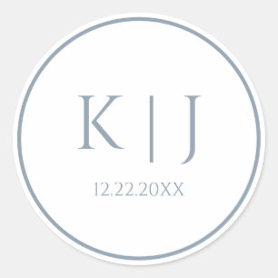 Monogrammen Dusty Blue Elegant Minimalist Wedding Ronde Sticker