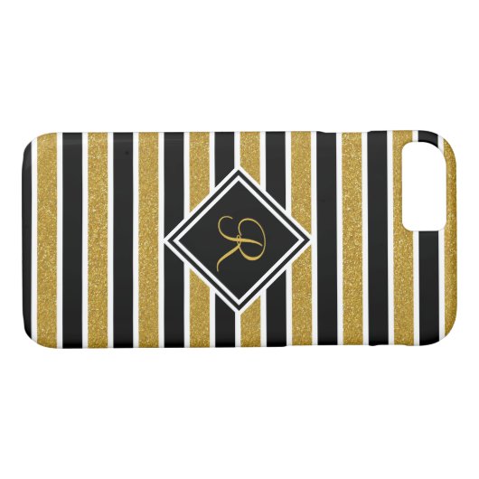 Monogrammen Elegant Black Gold Glitter Stripes Case-Mate iPhone Case (Achterkant (Horizontaal))