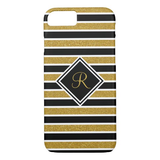 Monogrammen Elegant Black Gold Glitter Stripes Case-Mate iPhone Case (Achterkant)
