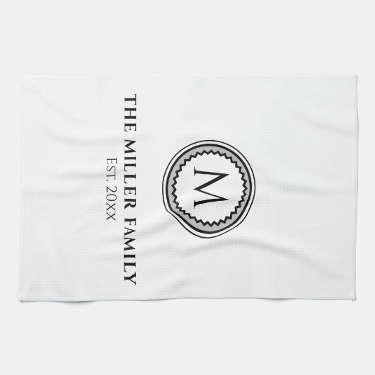 Monogrammen | Familienaam | Zwart wit en grijs Theedoek (Horizontaal)