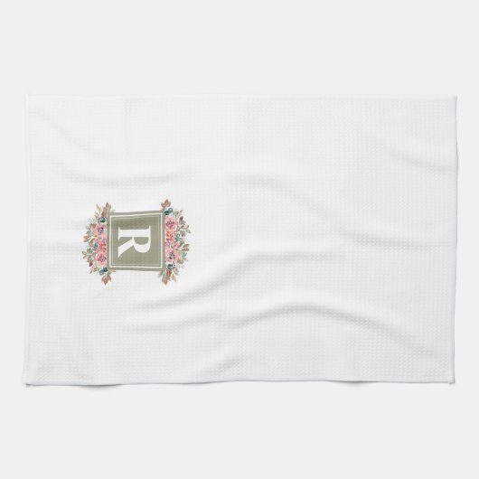 Monogrammen florale slak groen en witte elegant theedoek (Horizontaal)