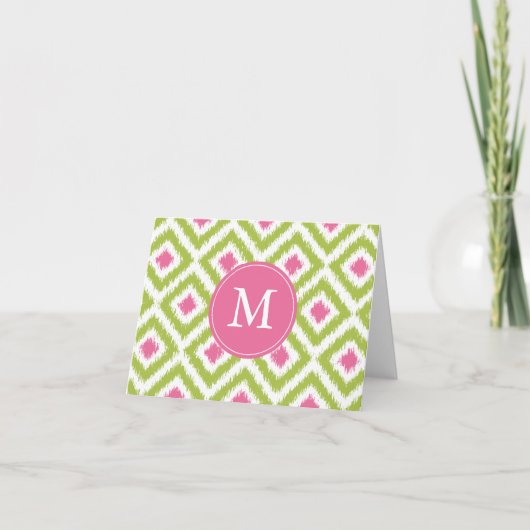 Monogrammen Green Pink Diamonds Ikat Pattern Notitiekaartje (Voorkant)