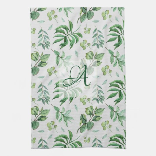 Monogrammen groen verlof botanische thuisdecor theedoek (Verticaal)