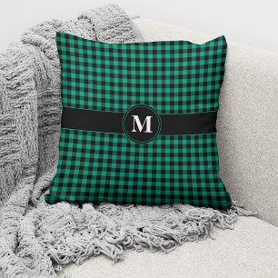 Monogrammen groene en zwarte Gingham Patroondraad Kussen