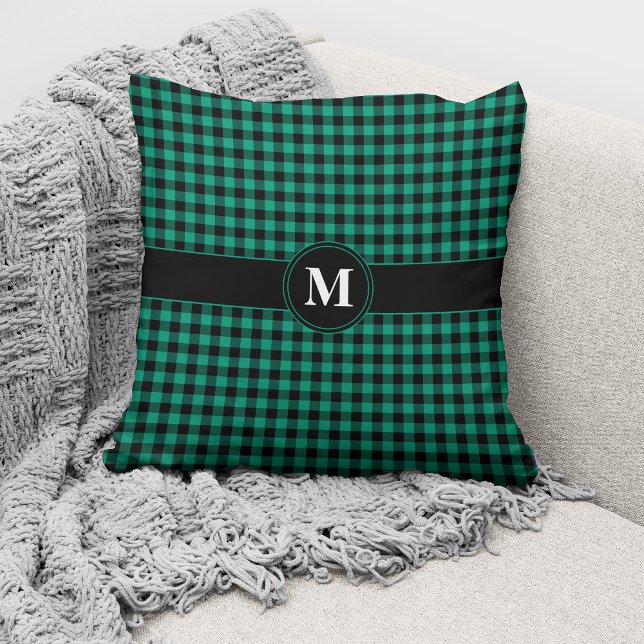 Monogrammen groene en zwarte Gingham Patroondraad Kussen (Creator heeft geüpload)