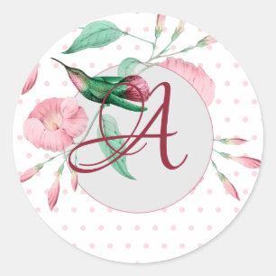 Monogrammen Hummingbird Pink Mint Floral Gift Labe Ronde Sticker