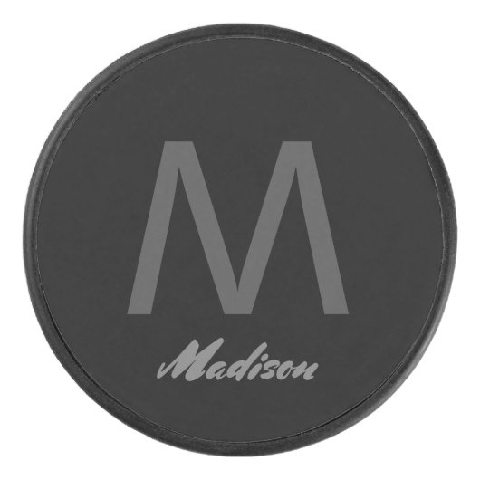 Monogrammen Huwelijkscadeau Favor Elegant Grijs Zw Hockey Puck (Voorkant)