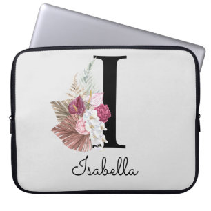 Monogrammen Initiaal I Pink Boho Floral Laptop Sleeve