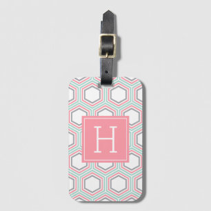 Monogrammen koraal en roze hexagon Patroon Bagagelabel