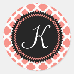 Monogrammen koraal roze-zwart Quatrefoil patroon Ronde Sticker