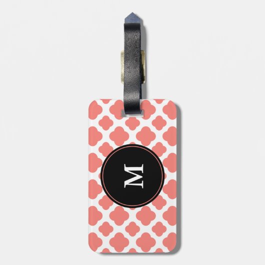 Monogrammen koraalroze quatrefoliepatroon bagagelabel (Achterkant verticaal)