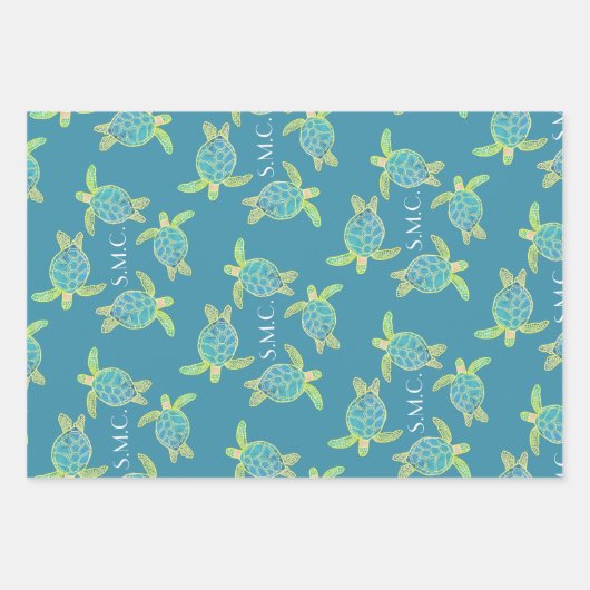 Monogrammen Kustroodblauw Zee Blauw geel Groen Inpakpapier Vel (Voorkant 3)