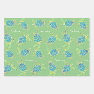 Monogrammen Kustroodblauw Zee Blauw geel Groen Inpakpapier Vel