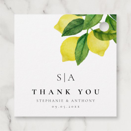 Monogrammen Lemon Citrus Branch Greenery Wedding Bedankjes Labels (Achterkant)