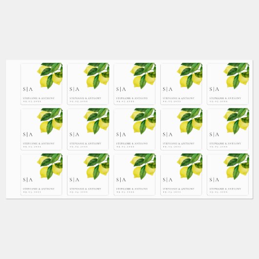 Monogrammen Lemon Citrus Branch Greenery Wedding Labels (Vel)