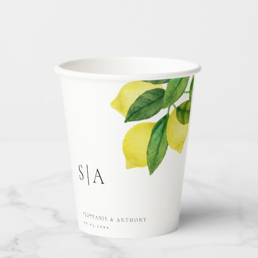 Monogrammen Lemon Citrus Branch Greenery Wedding Papieren Bekers (Voorkant)