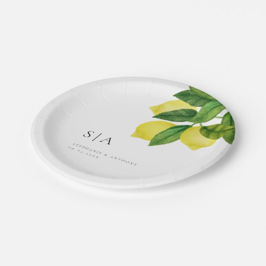 Monogrammen Lemon Citrus Branch Greenery Wedding Papieren Bordje (Gekanteld)