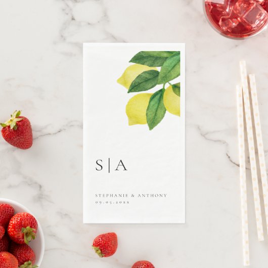 Monogrammen Lemon Citrus Branch Greenery Wedding Servet (Insitu)